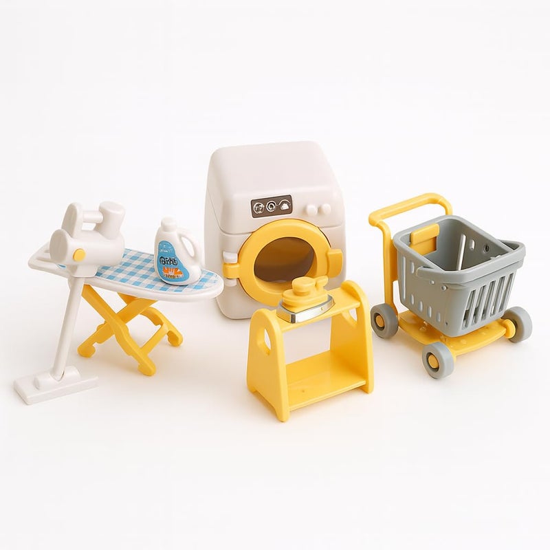 Oleoca Family Dollhouse Laundry Set - Washing Machine  Ironing Board & Iron  Vacuum  Storage Stand & Rolling Cart - Dollhouse Furniture & Accessories For Ages 3+ - Image 1