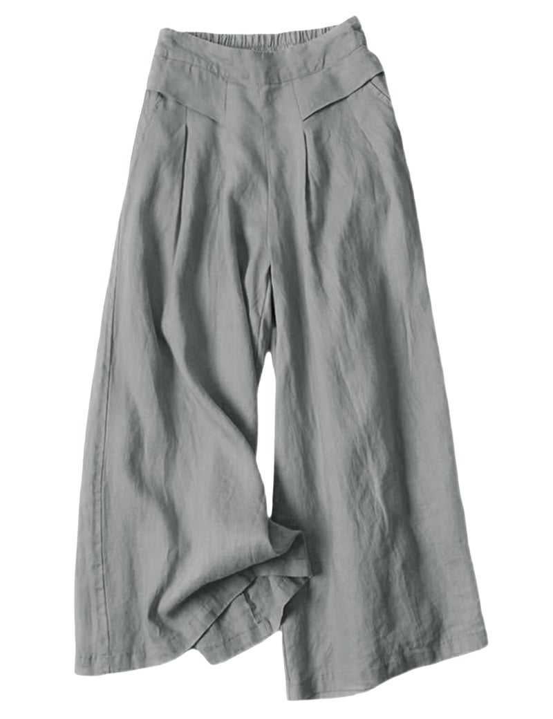 Hooever Womens Cotton Linen Culottes Pants Elastic Waist Wide Leg Palazzo Trousers Capri PantGreyM