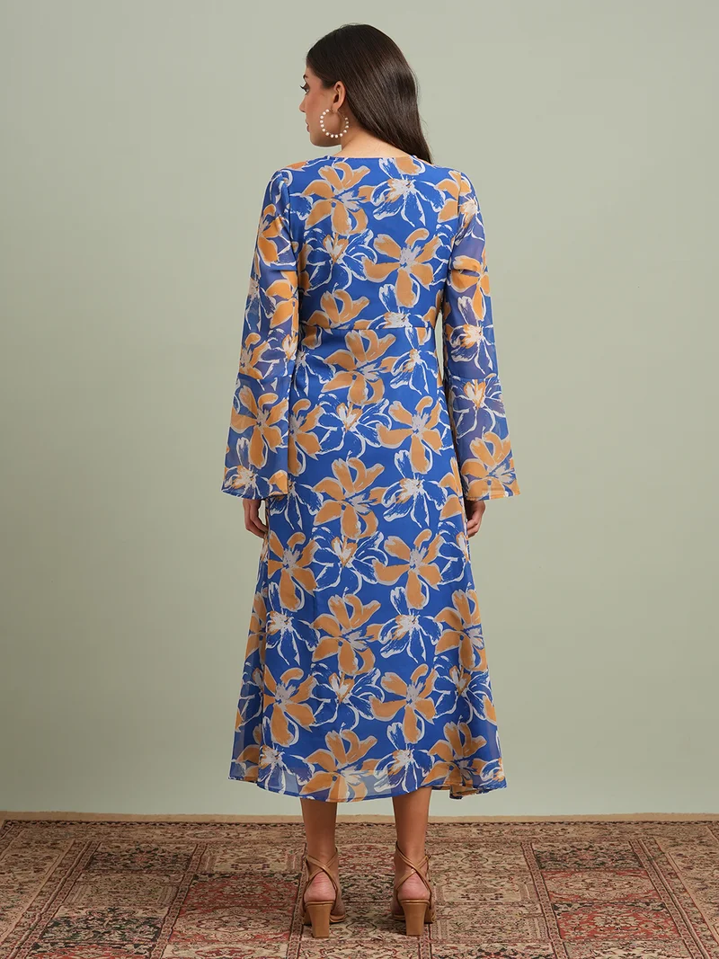 globus Women Blue Floral Printed V-Neck Bell Sleeves Flared Hem Gathered A-Line Maxi Dress