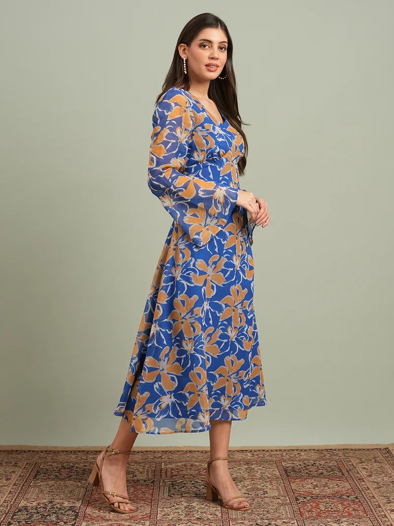 globus Women Blue Floral Printed V-Neck Bell Sleeves Flared Hem Gathered A-Line Maxi Dress