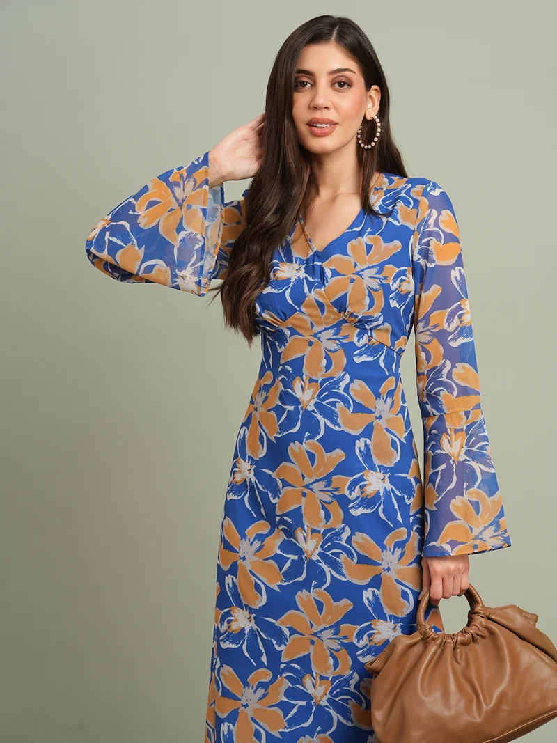 globus Women Blue Floral Printed V-Neck Bell Sleeves Flared Hem Gathered A-Line Maxi Dress