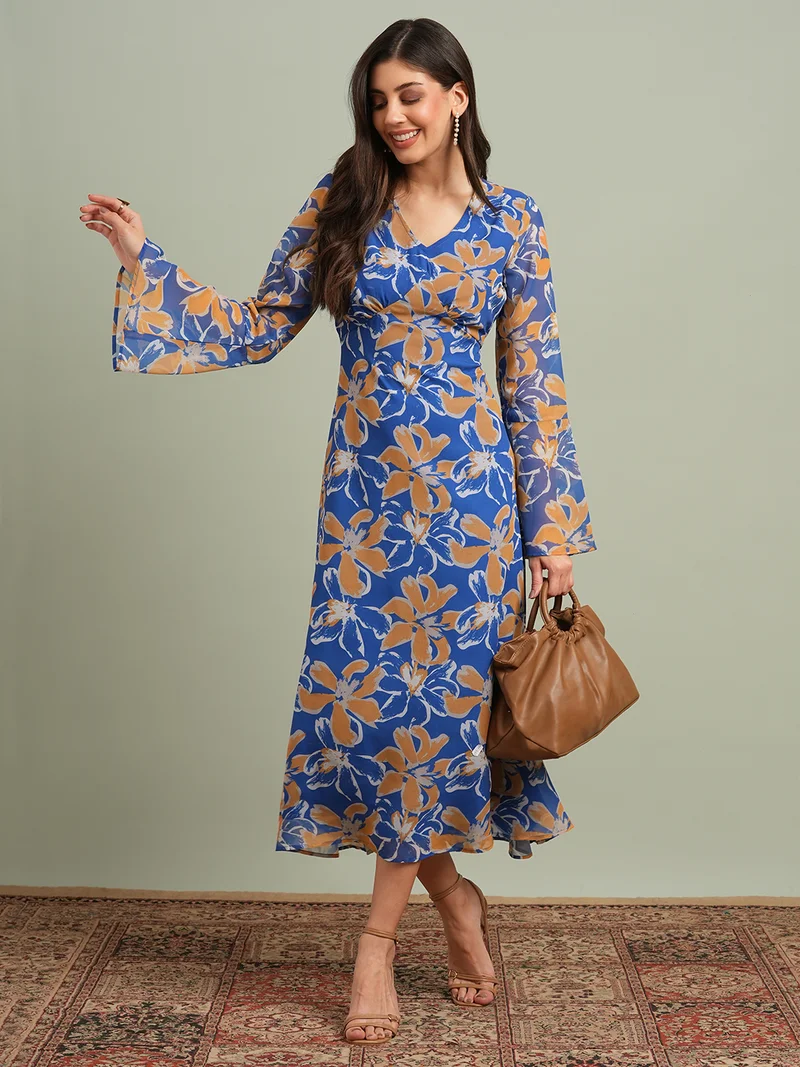 globus Women Blue Floral Printed V-Neck Bell Sleeves Flared Hem Gathered A-Line Maxi Dress