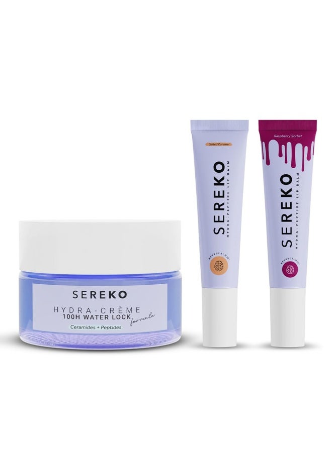 Sereko Ceramide Peptide Plumping Trio, Hydra IOOH Moisturiser 50ML + Hydra Peptide Lip Balm Salted Caramel - Non Tinted 8g + Hydra Peptide LipBalm Raspberry Sorbet- Tinted 8g - Image 1