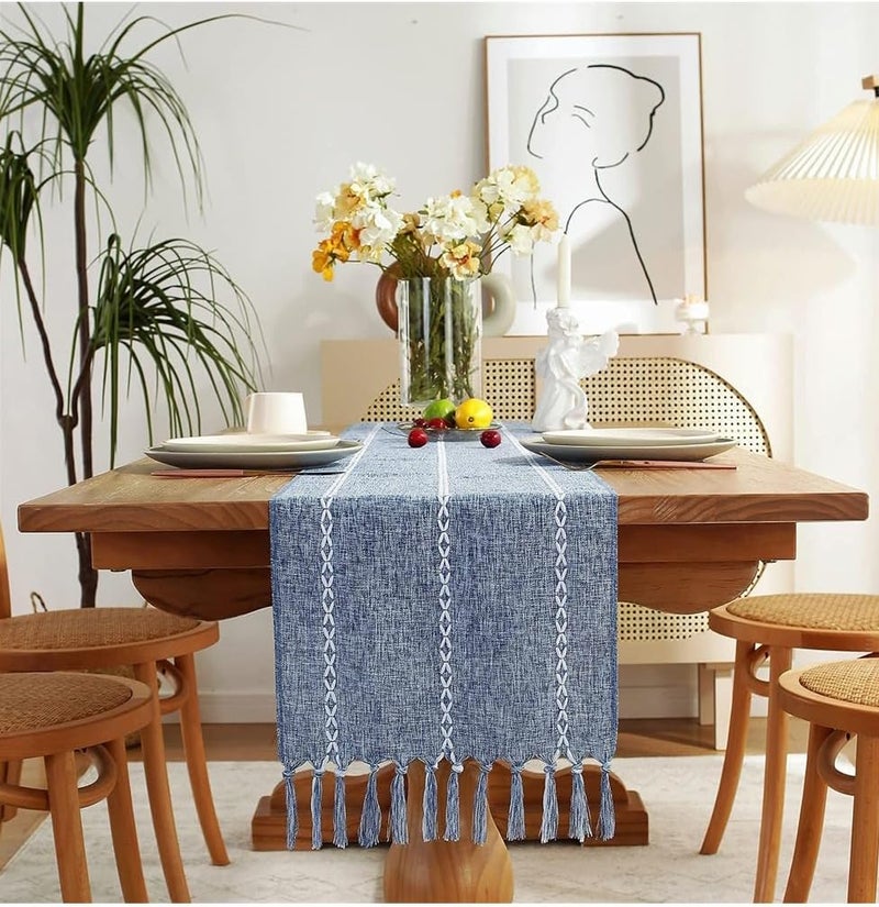 Rustic Linen Table Runner with Handmade Tassel, Embroidered Farmhouse Style Table Runners 90 Inches Long for Party and Dining Room Dining Holiday Decorations, 13 x 90 Inch, Blue - Image 3