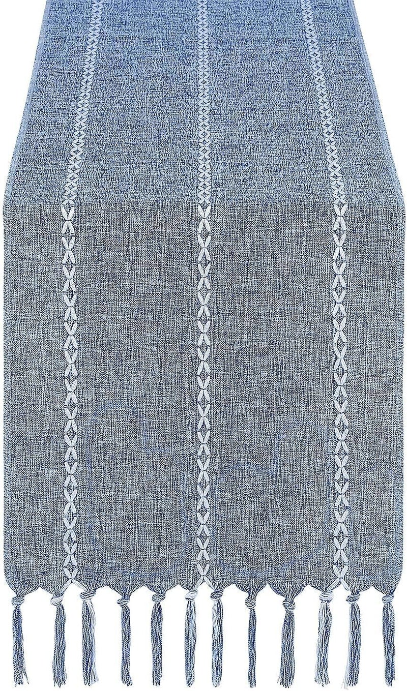 Rustic Linen Table Runner with Handmade Tassel, Embroidered Farmhouse Style Table Runners 90 Inches Long for Party and Dining Room Dining Holiday Decorations, 13 x 90 Inch, Blue - Image 1