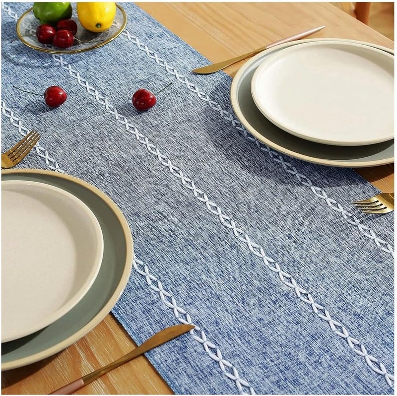 Rustic Linen Table Runner with Handmade Tassel, Embroidered Farmhouse Style Table Runners 90 Inches Long for Party and Dining Room Dining Holiday Decorations, 13 x 90 Inch, Blue - Image 4
