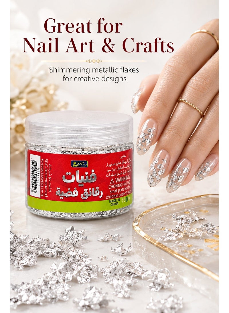 Decorative Silver Flakes in Reusable Jar – Shiny Metallic Foil Pieces for Cake Decoration, Nail Art, Resin, Crafts, DIY Projects and Event Décor - Image 2