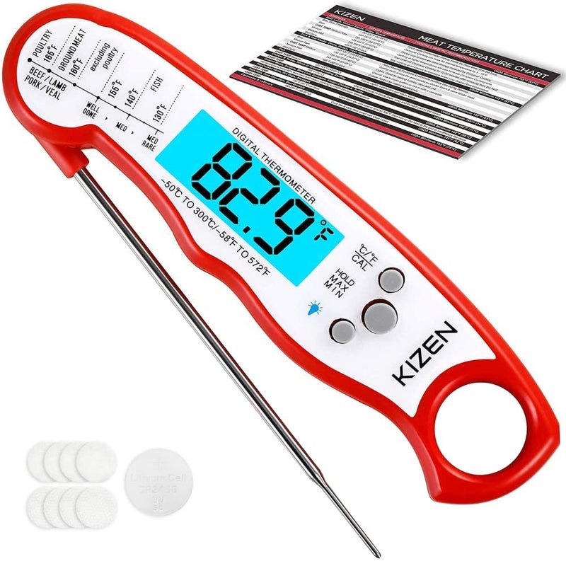 KIZEN Instant Read Meat Thermometer Digital - Food Thermometer for Cooking, Grill, Oven, BBQ - IP67 Rated Waterproof - Large Backlit Display and Magnetic Back - Image 1