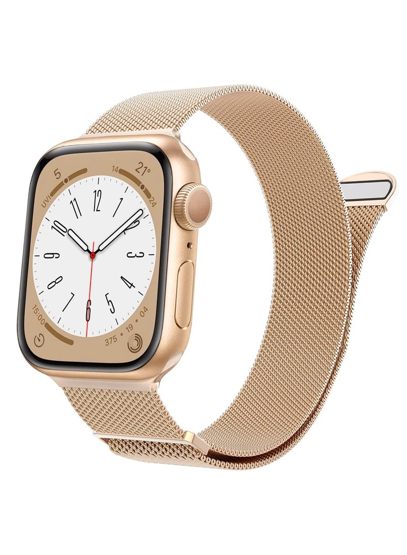 Magnetic Mesh Stainless Steel Band, Compatible with Apple Watch,44mm/45mm/46mm/49mm, Adjustable Replacement Men & Women iWatch Strap, Compatible with Series 10 9 8 7 6 5 4 3,SE,Ultra, Champagne Gold - Image 1