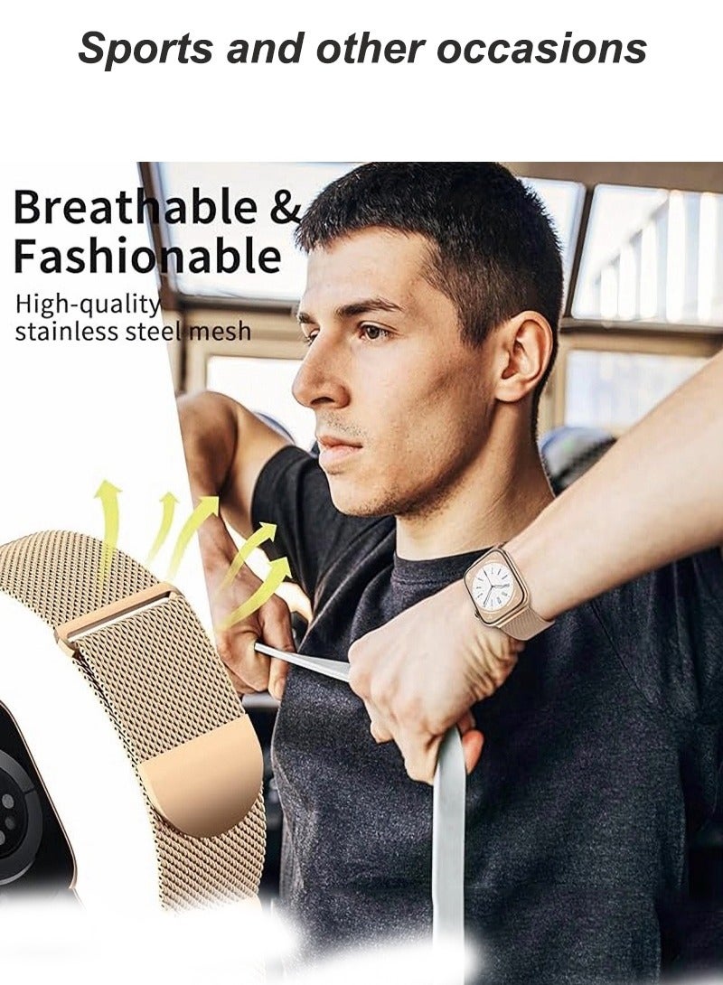 Magnetic Mesh Stainless Steel Band, Compatible with Apple Watch,44mm/45mm/46mm/49mm, Adjustable Replacement Men & Women iWatch Strap, Compatible with Series 10 9 8 7 6 5 4 3,SE,Ultra, Champagne Gold - Image 3