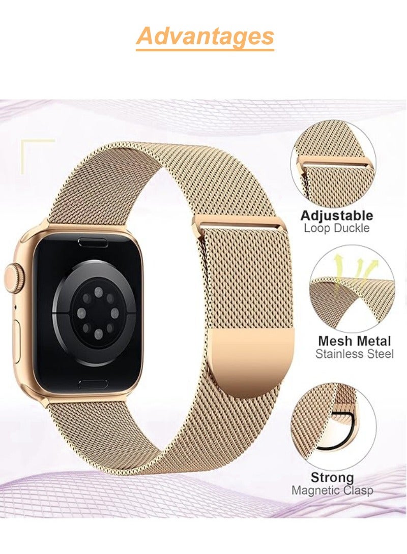 Magnetic Mesh Stainless Steel Band, Compatible with Apple Watch,44mm/45mm/46mm/49mm, Adjustable Replacement Men & Women iWatch Strap, Compatible with Series 10 9 8 7 6 5 4 3,SE,Ultra, Champagne Gold - Image 4