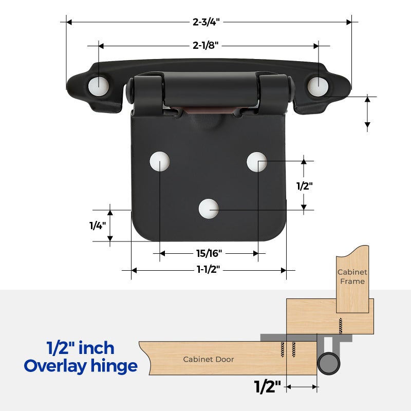 Ravinte 50 Pack 25 Pairs 1/2" Overlay Cabinet Door Hinges Kitchen Black Semi-Concealed Hinges Face Mount Self-Closing Cabinet Hardware with Bumpers & Screwdriver - Image 3