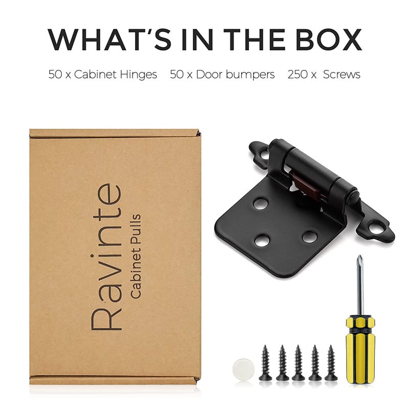 Ravinte 50 Pack 25 Pairs 1/2" Overlay Cabinet Door Hinges Kitchen Black Semi-Concealed Hinges Face Mount Self-Closing Cabinet Hardware with Bumpers & Screwdriver - Image 5