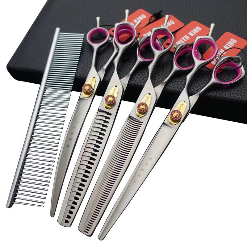 Smithking Professional Dog Grooming Shears Set Dogs Straight & thinning & Curved scissors & chunkers Scissorswith comb in 1 Set for Right-handed & Left-handed (8.0 Silvery right-handed) - Image 1