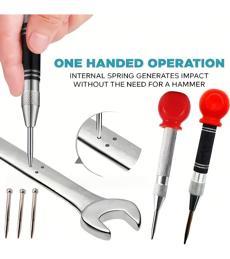 Red Large Handle Center Punch 1 Set 5PC With 4 Spare Tips Automatic Spring Locator - Image 4