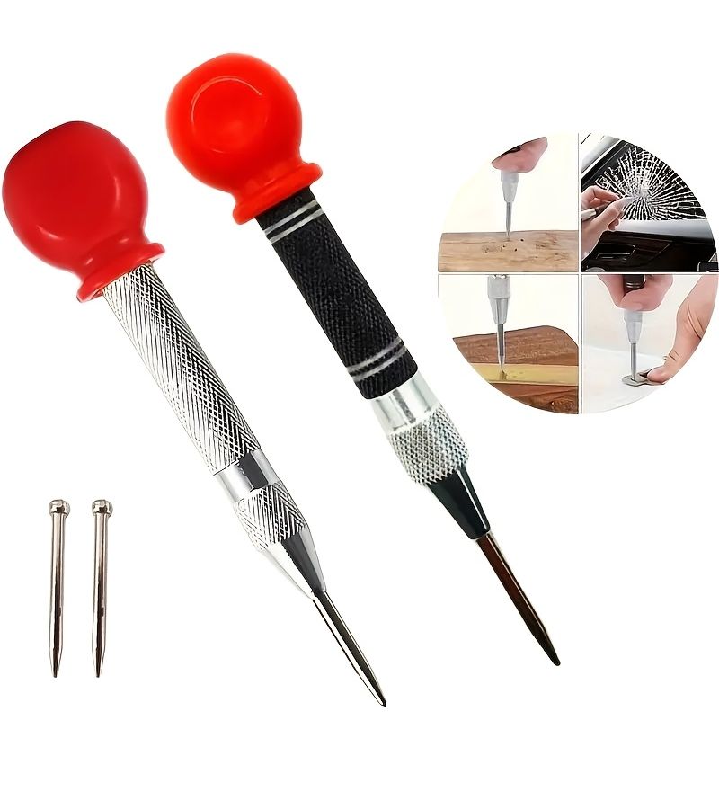 Red Large Handle Center Punch 1 Set 5PC With 4 Spare Tips Automatic Spring Locator - Image 1
