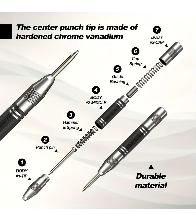 Red Large Handle Center Punch 1 Set 5PC With 4 Spare Tips Automatic Spring Locator - Image 5