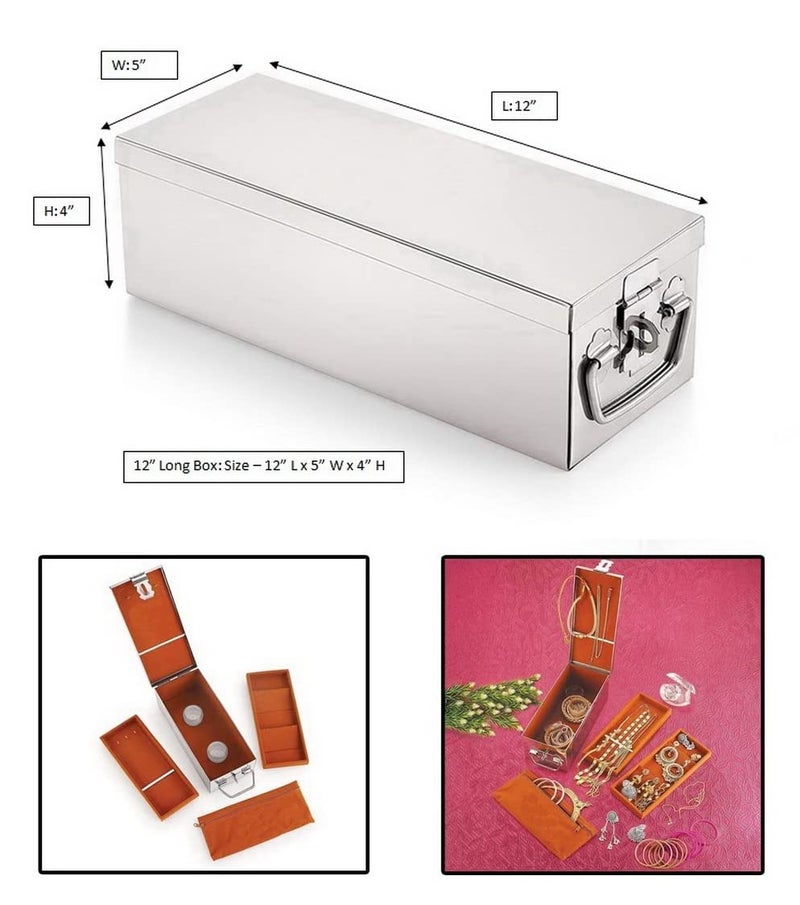 JAYCO Stainless Steel Jewellery Box for Ornaments - Bank Locker Safe Storage Container Cash Peti with Cushion - with Velvet Lining and Tray (LARGE (12" Long x 5" Wide x 4" Height)) - Image 3
