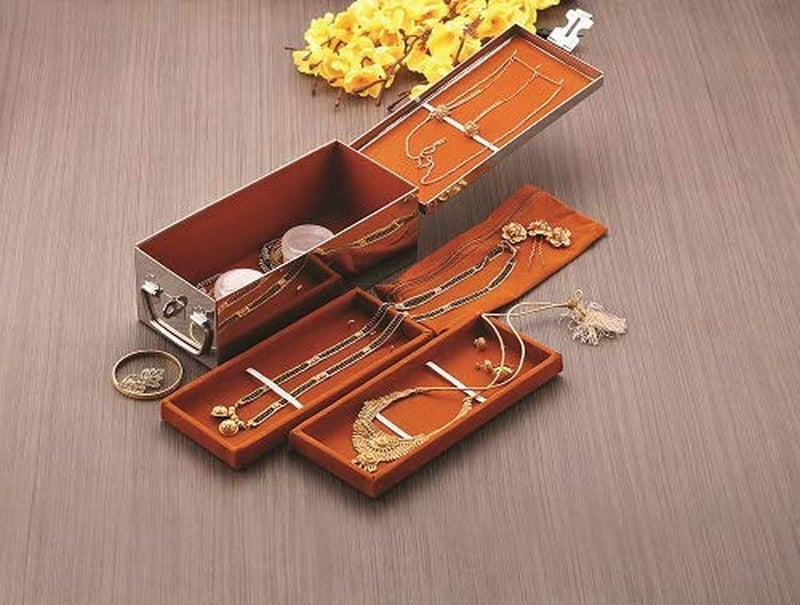 JAYCO Stainless Steel Jewellery Box for Ornaments - Bank Locker Safe Storage Container Cash Peti with Cushion - with Velvet Lining and Tray (LARGE (12" Long x 5" Wide x 4" Height)) - Image 5
