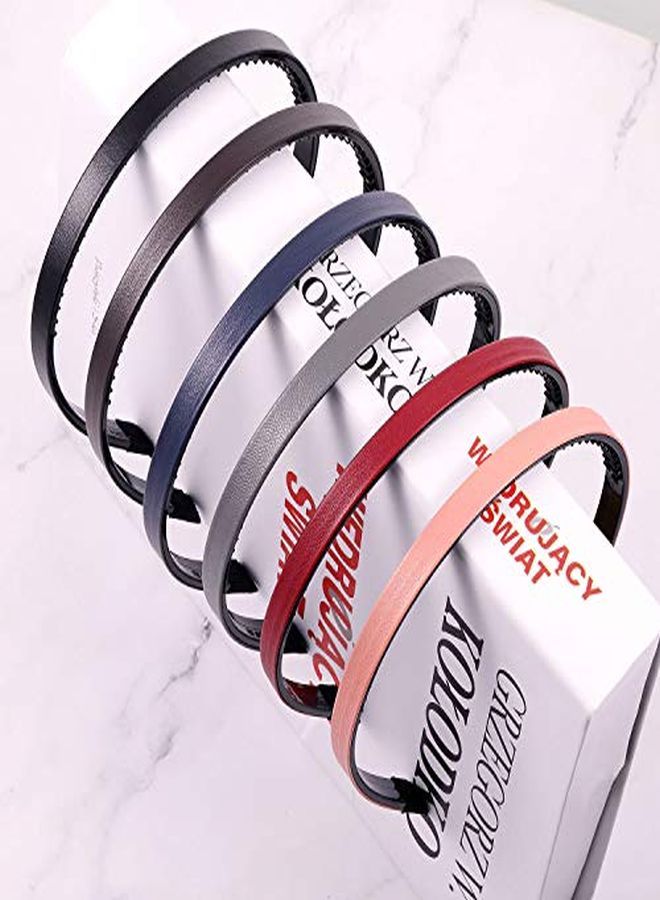WILLBOND 6 Pieces Skinny Leather Covered Headband Plastic Simple Headbands For Women Girls Hairbands Hair Hoop Solid Color Headband (Matte Pink, Wine Red, Navy Blue, Coffee, Black And Grey, 1.1 Cm) - Image 2