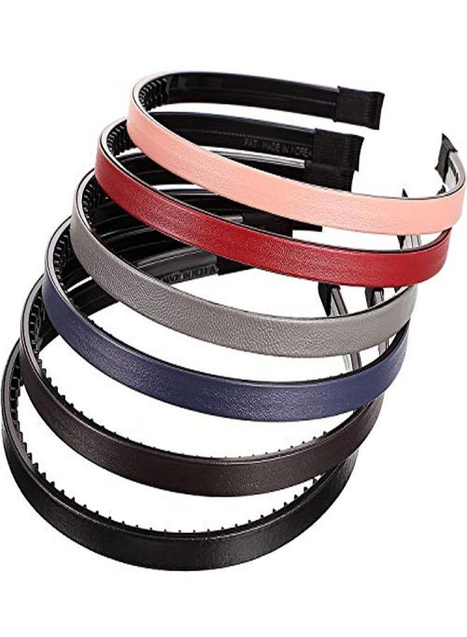 WILLBOND 6 Pieces Skinny Leather Covered Headband Plastic Simple Headbands For Women Girls Hairbands Hair Hoop Solid Color Headband (Matte Pink, Wine Red, Navy Blue, Coffee, Black And Grey, 1.1 Cm) - Image 1