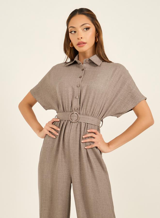 Styli Styli Textured Collared Straight Leg Jumpsuit with Belt - Image 3