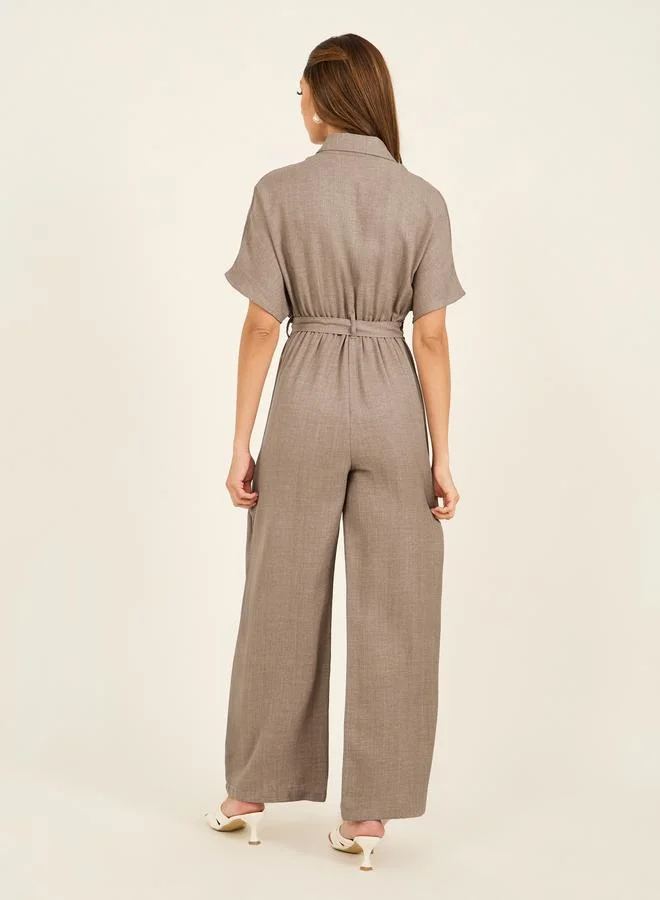 Styli Styli Textured Collared Straight Leg Jumpsuit with Belt