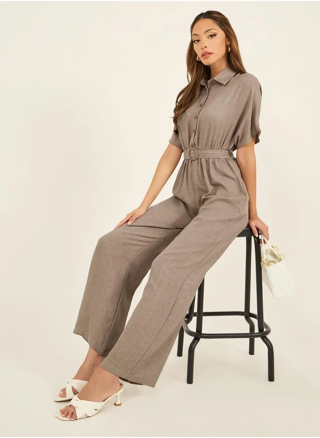 ستايلي Styli Textured Collared Straight Leg Jumpsuit with Belt