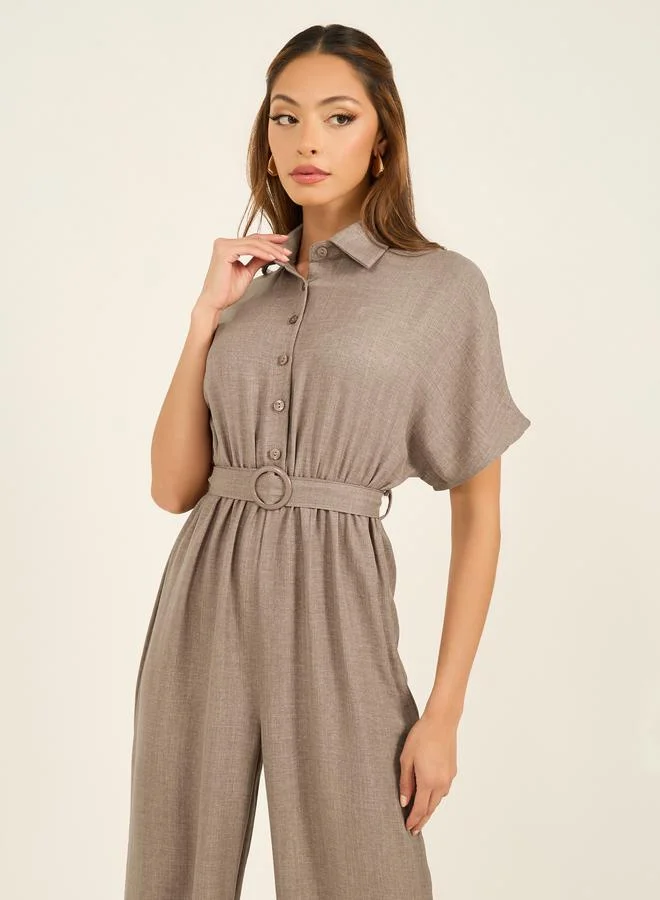 Styli Styli Textured Collared Straight Leg Jumpsuit with Belt