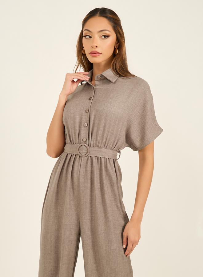 Styli Styli Textured Collared Straight Leg Jumpsuit with Belt - Image 4