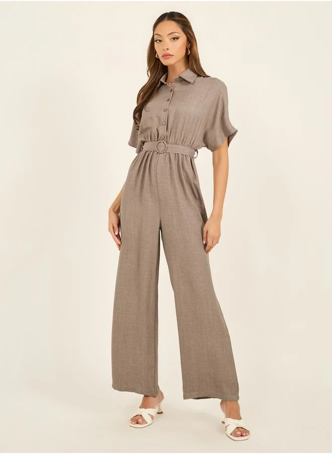 ستايلي Styli Textured Collared Straight Leg Jumpsuit with Belt
