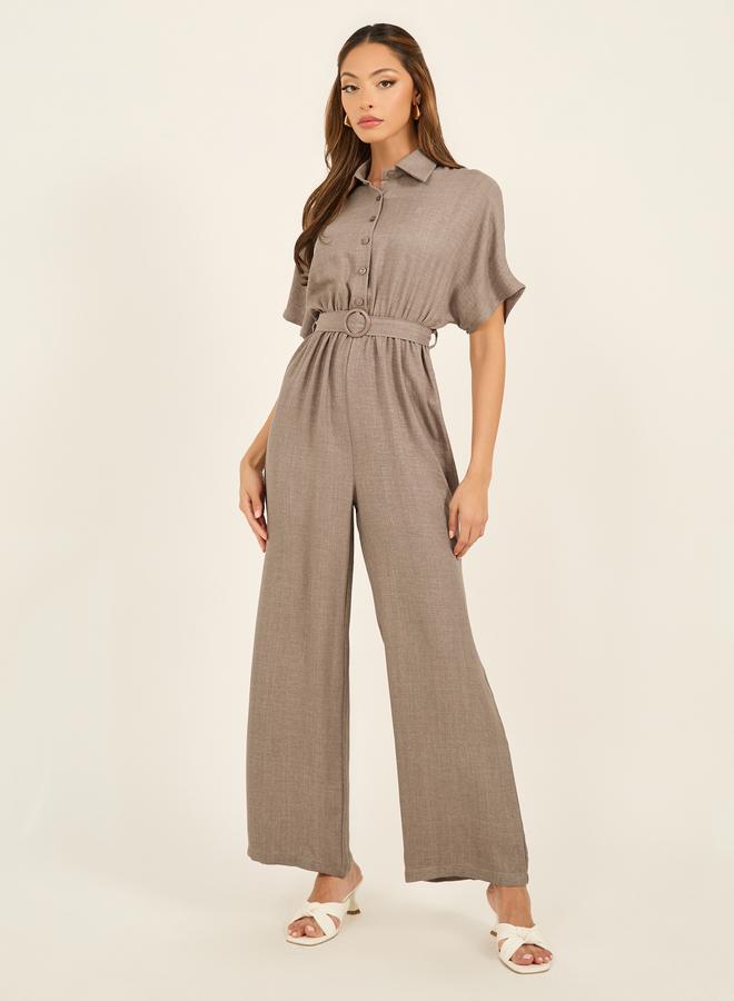 Styli Styli Textured Collared Straight Leg Jumpsuit with Belt - Image 2