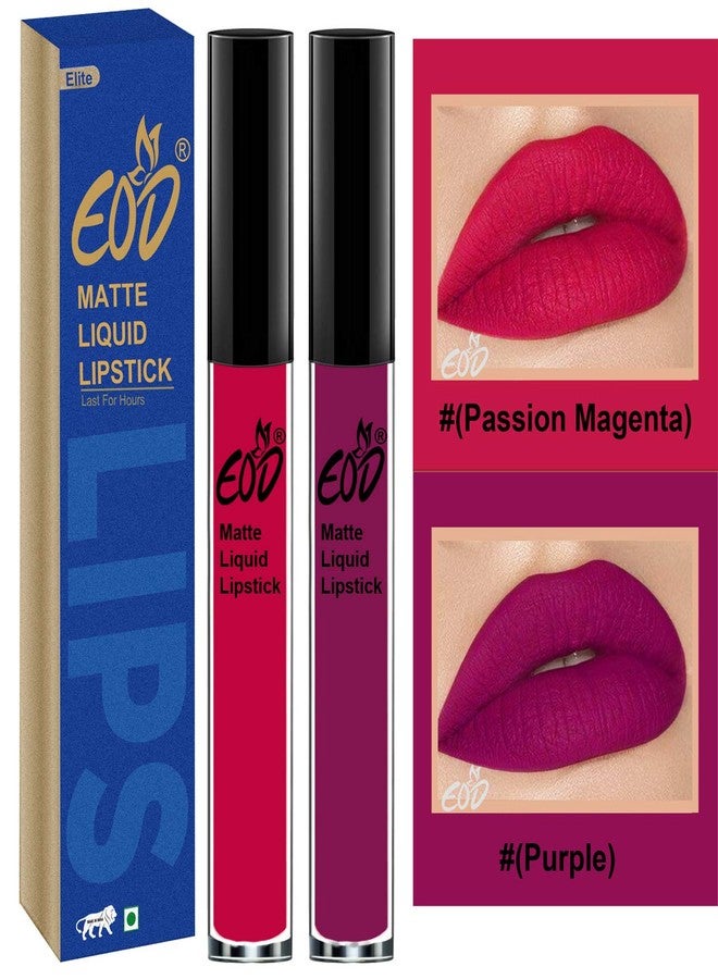 إي أو دي أحمر شفاه سائل EOD® Soft Matte Kiss Proof نباتي صنع في الهند يدوم طويلاً، مجموعة من قطعتين من ملمع الشفاه (لون ماجنتا باشن، بنفسجي) - Image 1