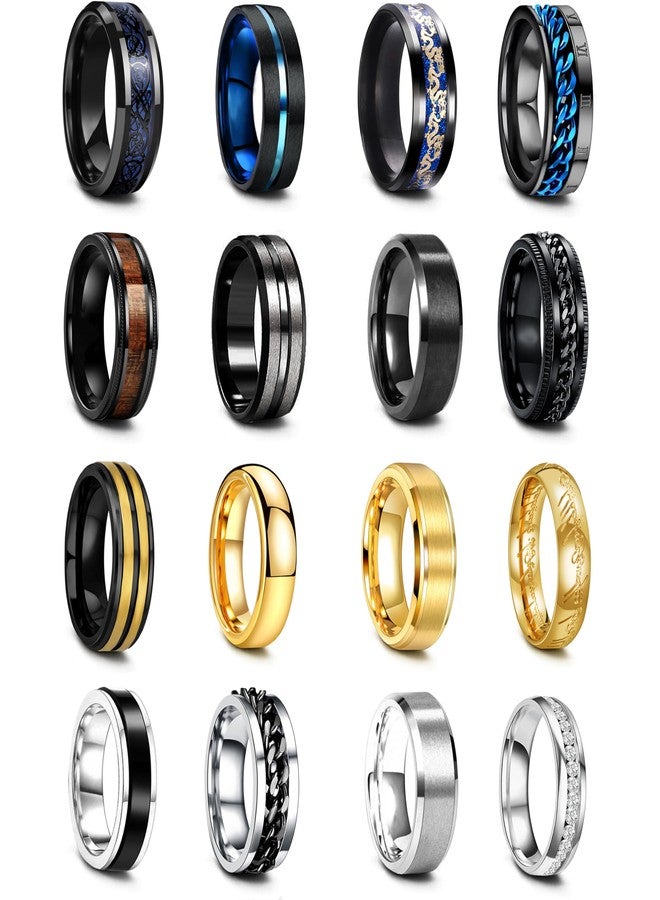 EIELO 16Pcs Stainless Steel Band Rings for Men Cool Black Golden Silvery Plated Rings Comfort Fit Fidget Spinning Chain Ring Fashion Simple Mens Wedding Engagement Ring Set 10 - Image 1