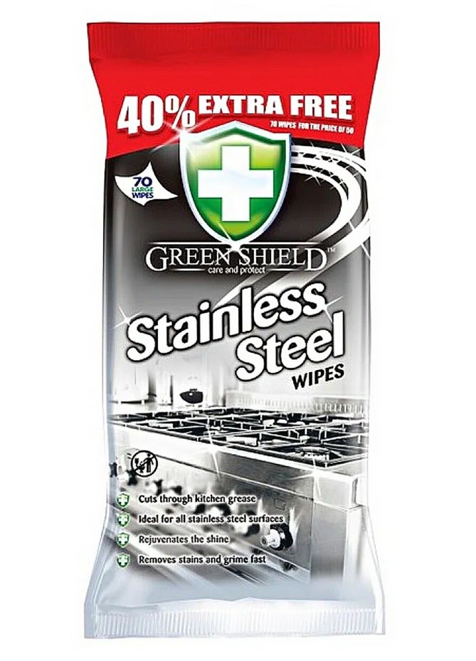 Greenshield Green Shield Stainless Steel Cleaning Wipes 70 Large Wipes (40% Extra Free) – Cuts Grease, Removes Stains & Grime, Restores Shine, Streak-Free Kitchen Appliance Cleaner for Steel Surfaces - Image 1