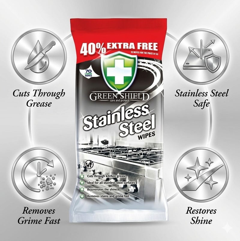 Greenshield Green Shield Stainless Steel Cleaning Wipes 70 Large Wipes (40% Extra Free) – Cuts Grease, Removes Stains & Grime, Restores Shine, Streak-Free Kitchen Appliance Cleaner for Steel Surfaces - Image 2