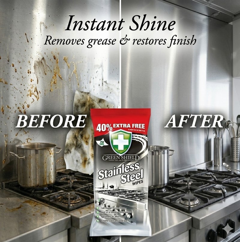 Greenshield Green Shield Stainless Steel Cleaning Wipes 70 Large Wipes (40% Extra Free) – Cuts Grease, Removes Stains & Grime, Restores Shine, Streak-Free Kitchen Appliance Cleaner for Steel Surfaces - Image 4