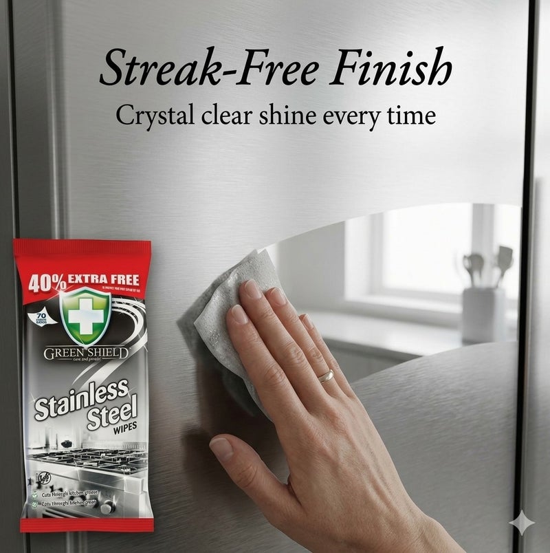 Greenshield Green Shield Stainless Steel Cleaning Wipes 70 Large Wipes (40% Extra Free) – Cuts Grease, Removes Stains & Grime, Restores Shine, Streak-Free Kitchen Appliance Cleaner for Steel Surfaces - Image 5