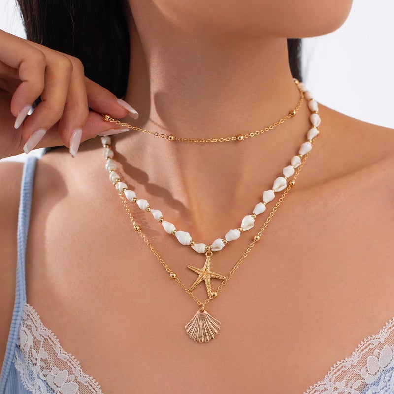 nylry Seashell Necklace for Women Gold Layered Sea Shell Necklace Boho Summer Beach Necklaces for Women Adjustable Pearl Conch Starfish Necklaces Vacation Coastal Beachy Jewelry Outfits Accessories-3 - Image 2
