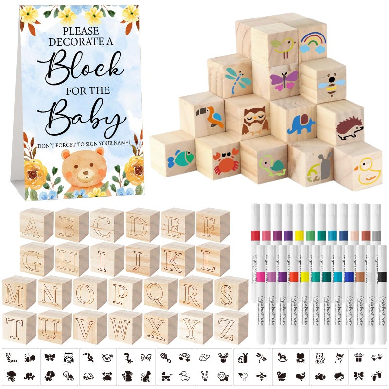 Aisharery 117 Pcs Baby Shower Blocks to Decorate Game Kit Includes 52 Wooden Blocks 24 Markers 1 Game Sign 40 Templates to Paint (Blue Bear) - Image 1