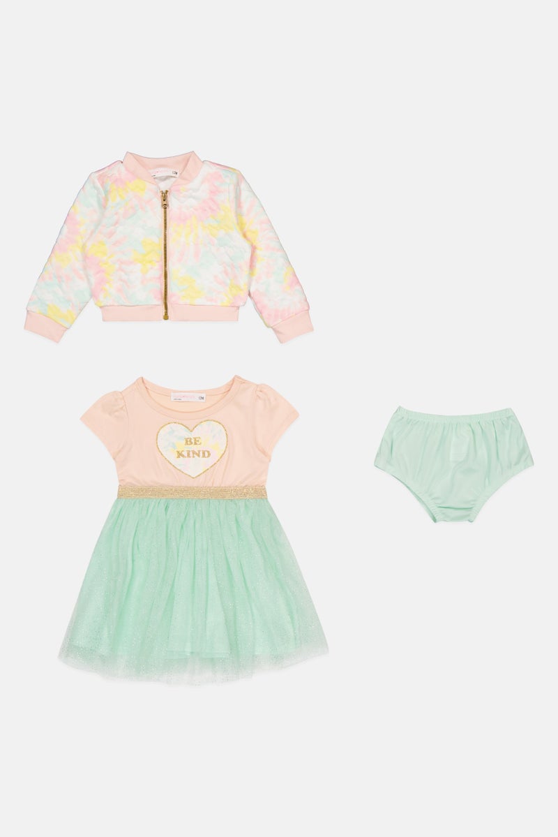 Young Hearts Toddlers Girl 3Pcs Graphic Print Dress And Panty with Jacket, Multicolor - Image 3