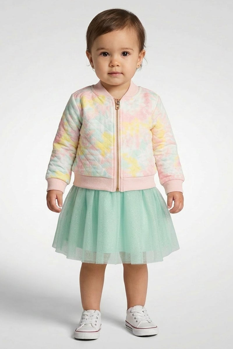 Young Hearts Toddlers Girl 3Pcs Graphic Print Dress And Panty with Jacket, Multicolor - Image 1