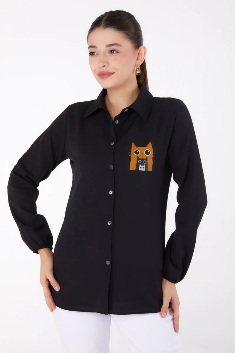 Tofisa Plain Shirt Collar Women's Black Printed Shirt - 13345