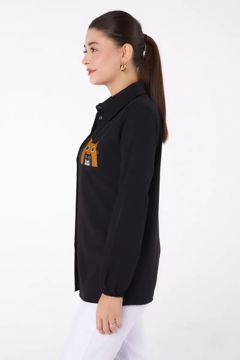 Tofisa Plain Shirt Collar Women's Black Printed Shirt - 13345