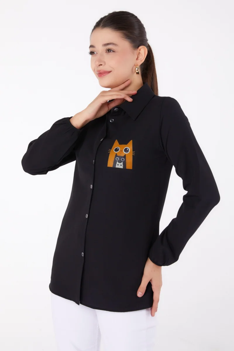 Tofisa Plain Shirt Collar Women's Black Printed Shirt - 13345
