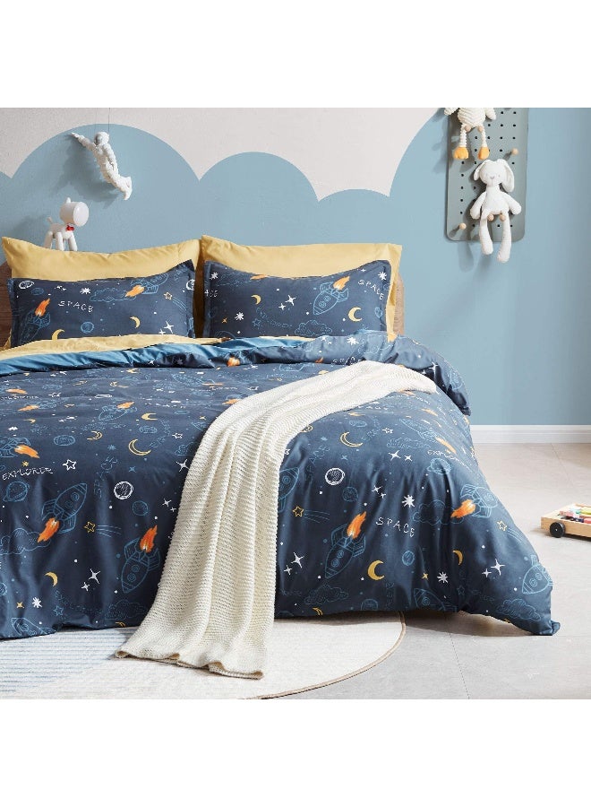 SLEEP ZONE Kids Duvet Cover Set Queen Size 3 Pieces - Super Soft & Cute Comforter Cover with 2 Pillow Shams, Easy Care Zipper Closure (Navy Space, Queen) - Image 2