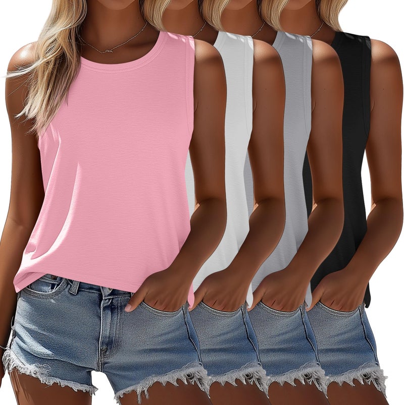 Ficerd 4 Pack Women's Sleeveless Tops, Casual Summer Loose Fit T Shirts Solid Color Tunic Tank Tops Ladies' Crew Neck(Black, Light Gray, Pink, White,Large) - Image 1
