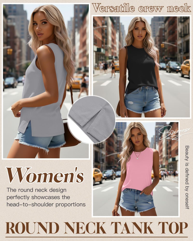 Ficerd 4 Pack Women's Sleeveless Tops, Casual Summer Loose Fit T Shirts Solid Color Tunic Tank Tops Ladies' Crew Neck(Black, Light Gray, Pink, White,Large) - Image 3