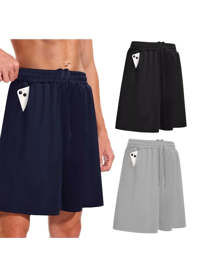 GUSGU 3 Pack Men's Athletic Shorts, Workout Gym Basketball Lightweight Quick Dry Mens Shorts with Pockets for Running Casual Activewear Black Light Grey Navy Blue XL - Image 1
