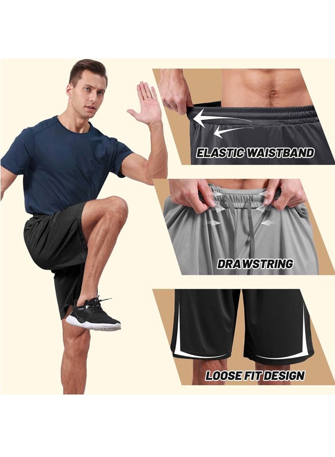 GUSGU 3 Pack Men's Athletic Shorts, Workout Gym Basketball Lightweight Quick Dry Mens Shorts with Pockets for Running Casual Activewear Black Light Grey Navy Blue XL - Image 4